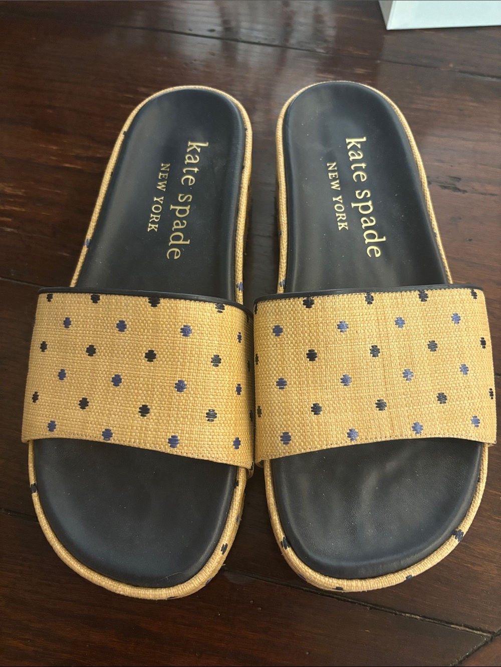 kate spade yellow and navy woven slide sandals with polka dots